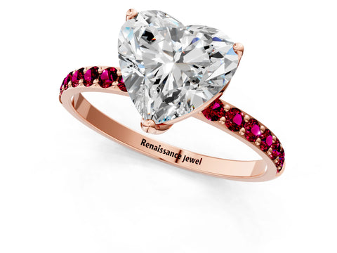 Rose gold Heart Cut Diamond Solitaire Engagement Ring with Round with Garnet side stone Pavé Band and Prong Setting_1