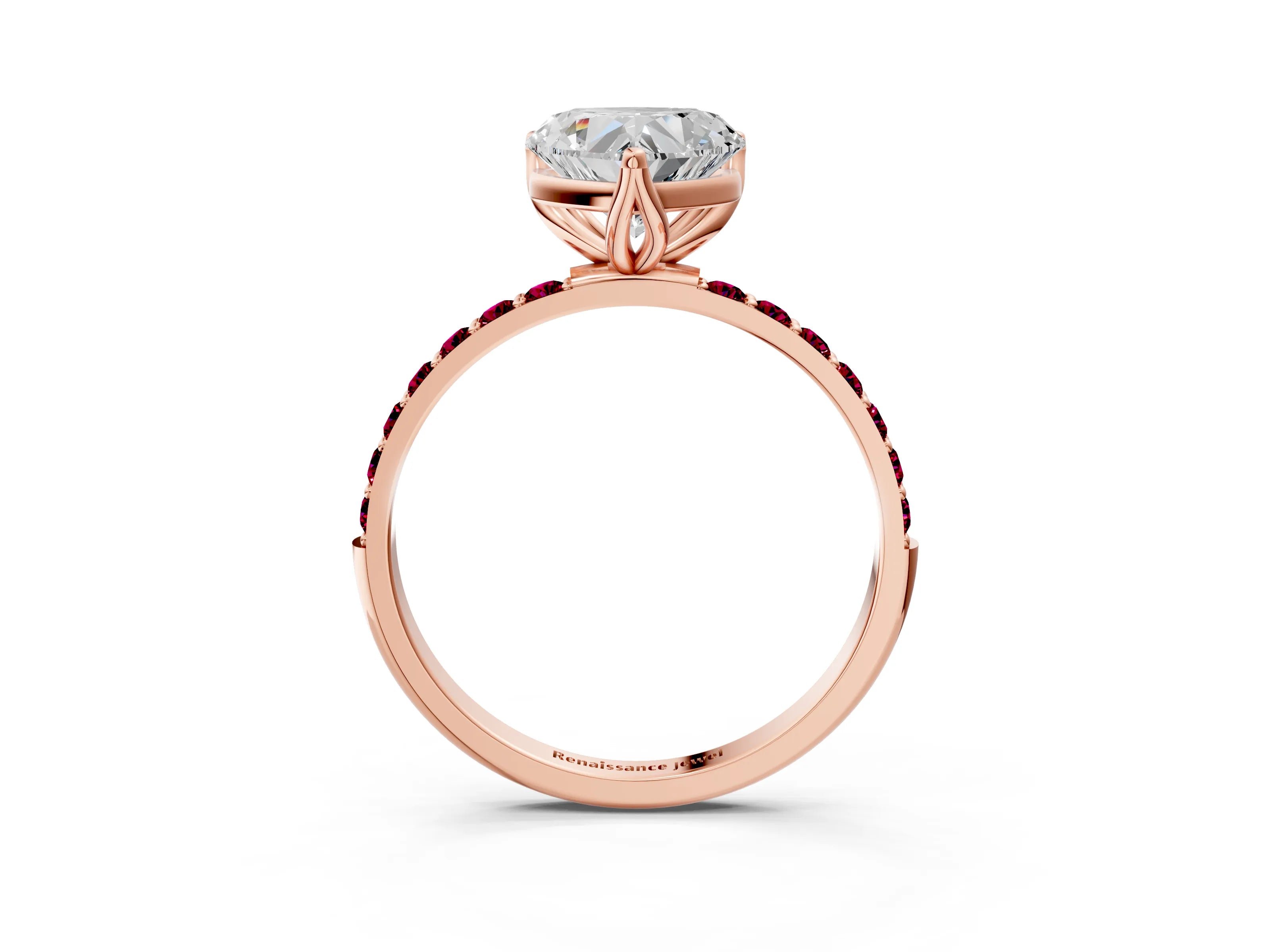 Rose gold Heart Cut Diamond Solitaire Engagement Ring with Round with Garnet side stone Pavé Band and Prong Setting_3
