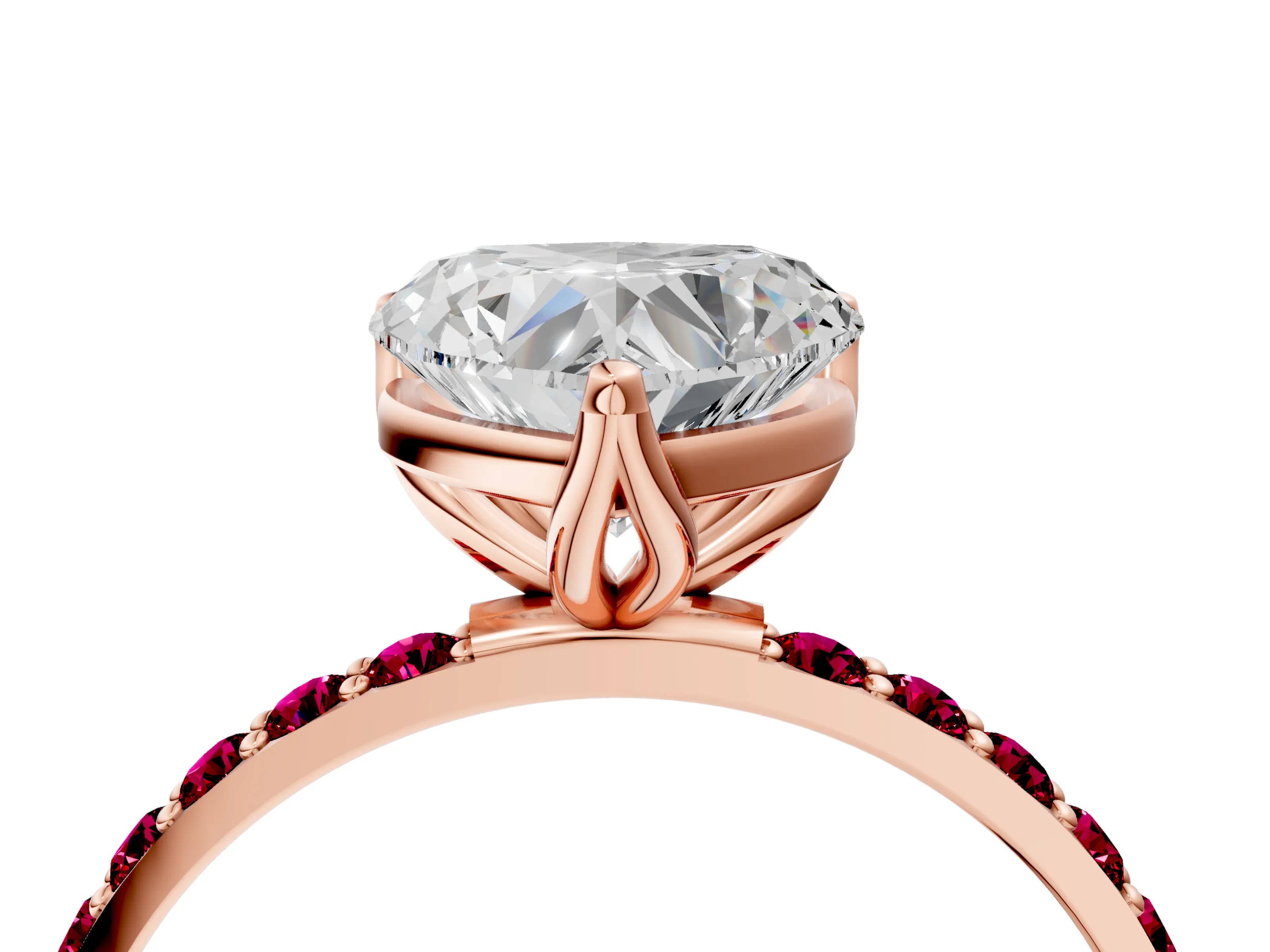 Rose gold Heart Cut Diamond Solitaire Engagement Ring with Round with Garnet side stone Pavé Band and Prong Setting_4