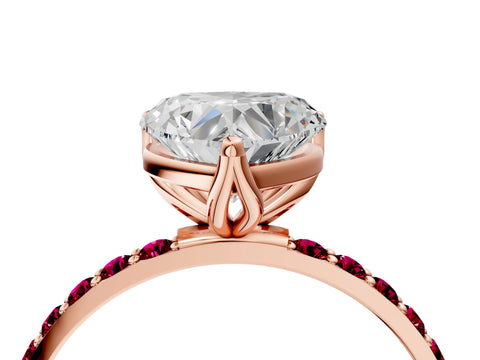 Rose gold Heart Cut Diamond Solitaire Engagement Ring with Round with Garnet side stone Pavé Band and Prong Setting_4