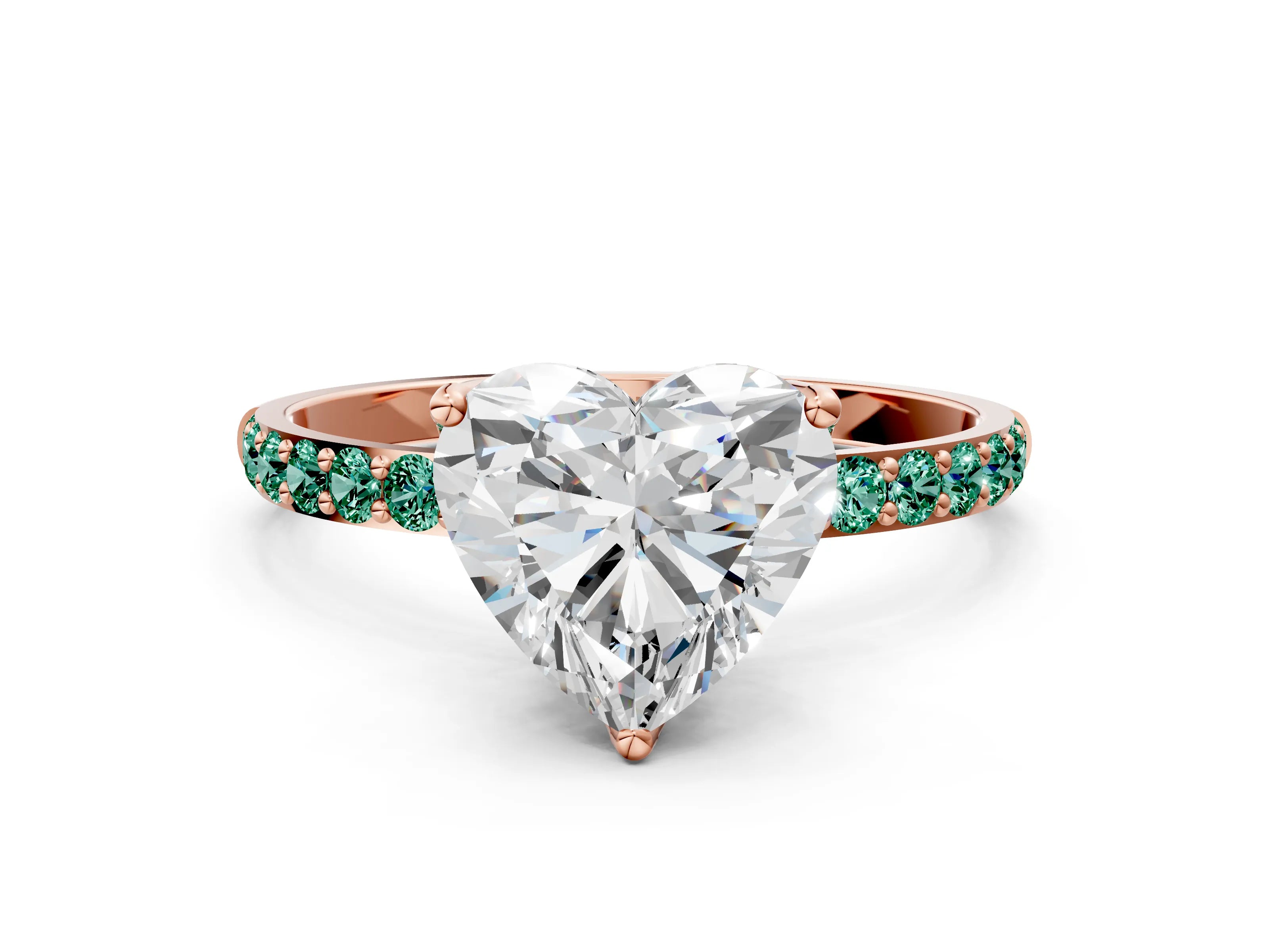 Rose gold Heart Cut Diamond Solitaire Engagement Ring with Round with Green Sapphire side stone Pavé Band and Prong Setting