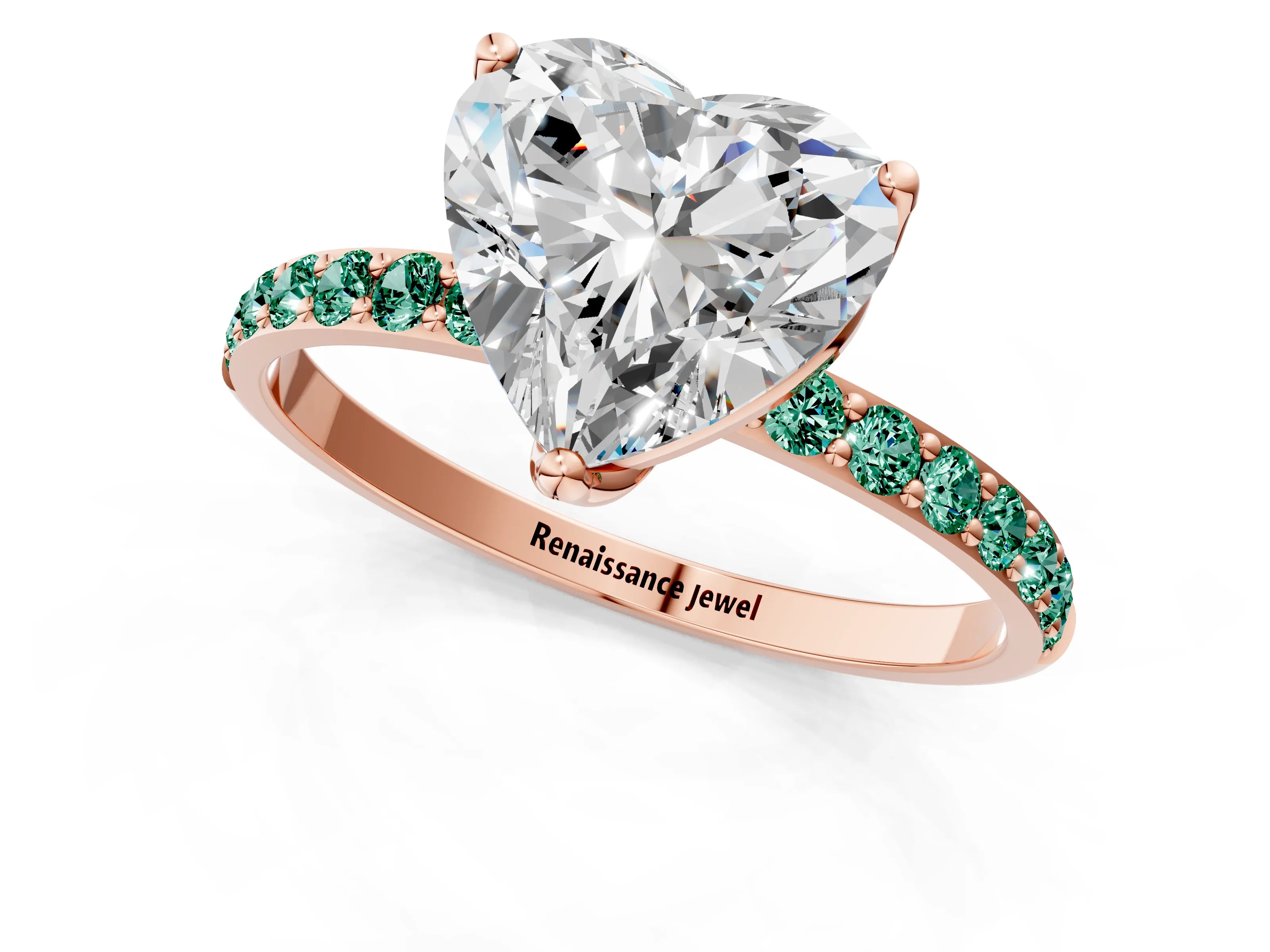 Rose gold Heart Cut Diamond Solitaire Engagement Ring with Round with Green Sapphire side stone Pavé Band and Prong Setting_1