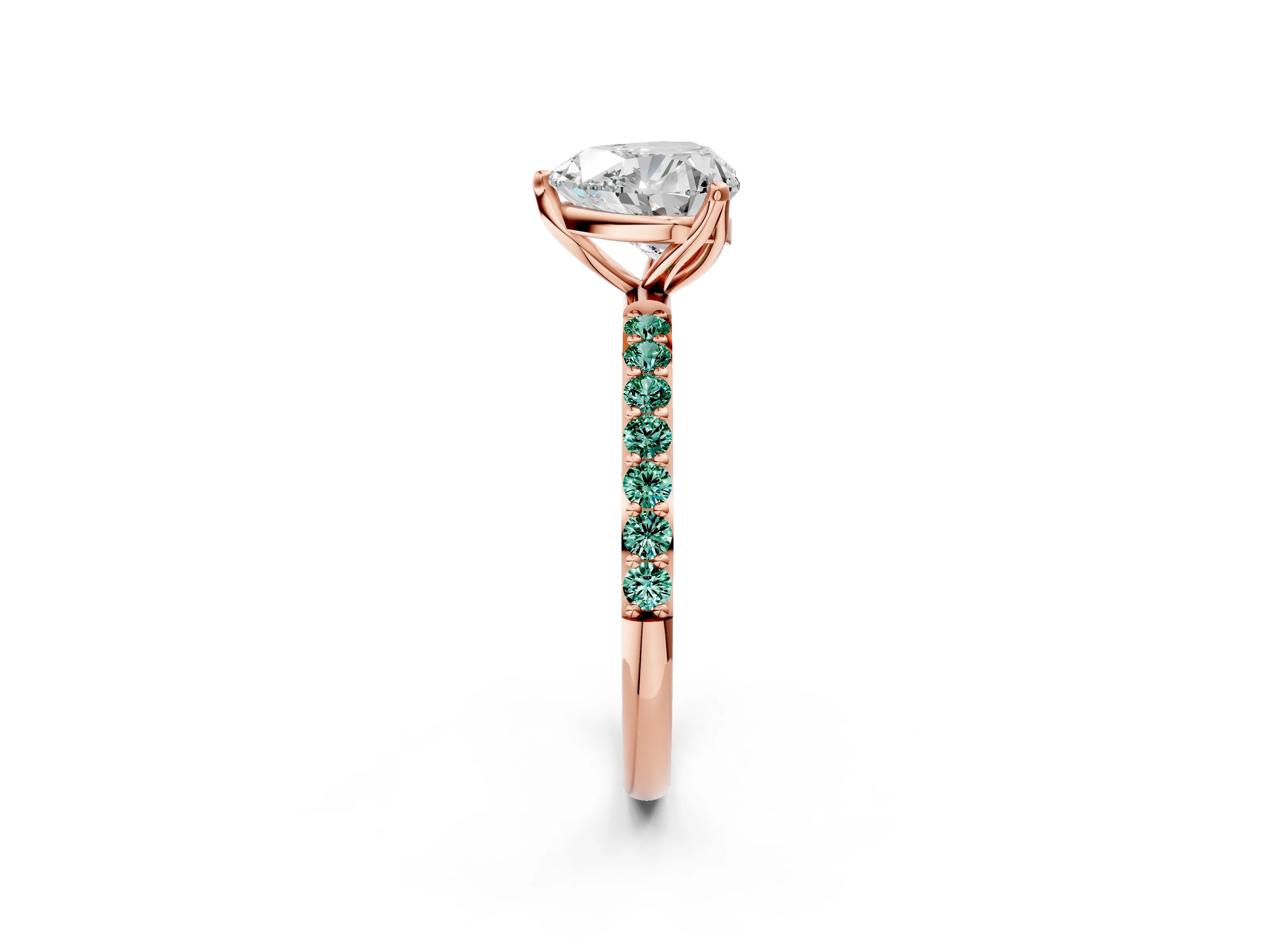 Rose gold Heart Cut Diamond Solitaire Engagement Ring with Round with Green Sapphire side stone Pavé Band and Prong Setting_2