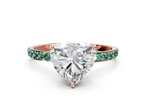 Rose gold Heart Cut Diamond Solitaire Engagement Ring with Round with Green Sapphire side stone Pavé Band and Prong Setting