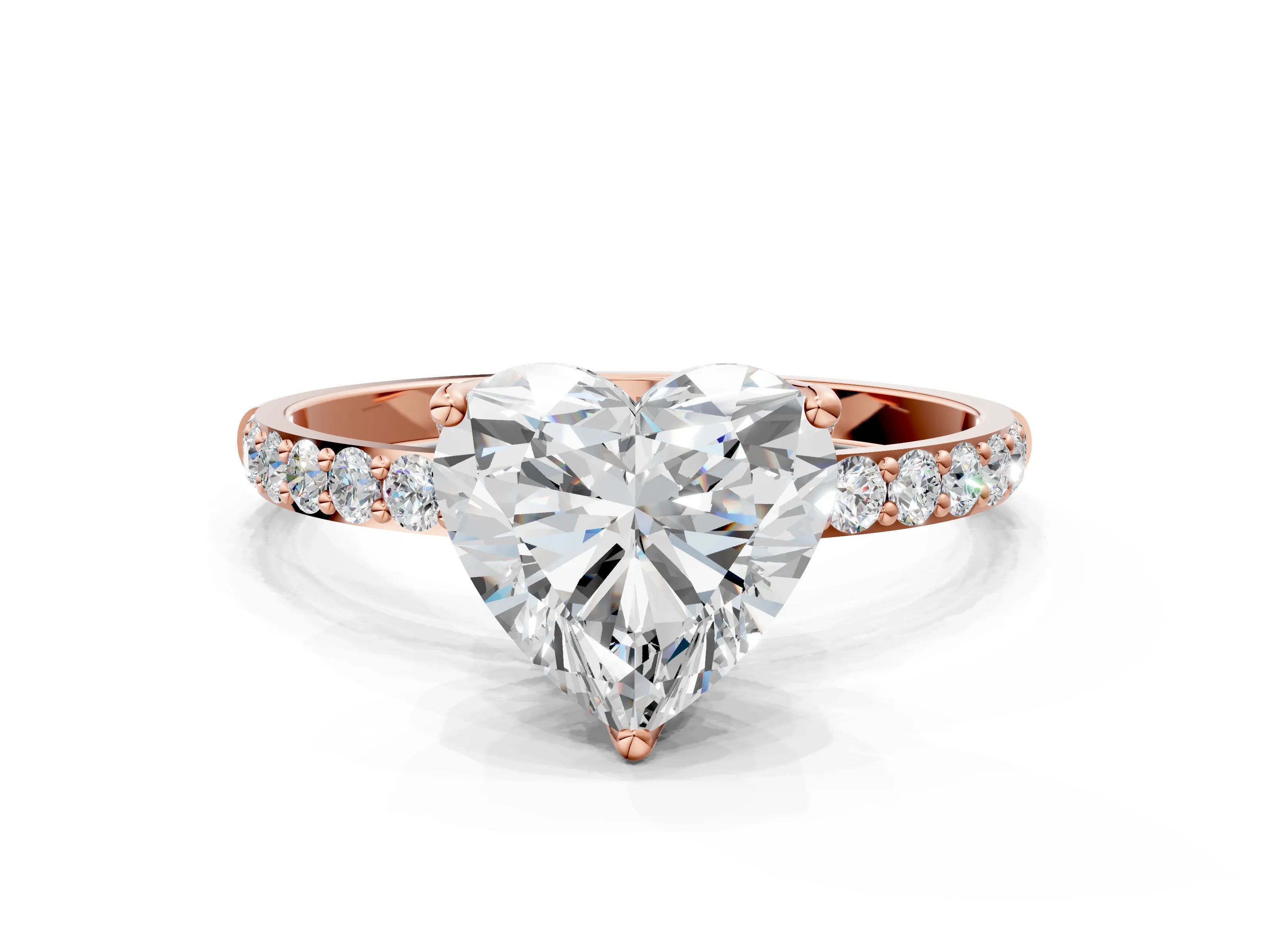 Rose gold Heart Cut Diamond Solitaire Engagement Ring with Round with Moissanite side stone Pavé Band and Prong Setting