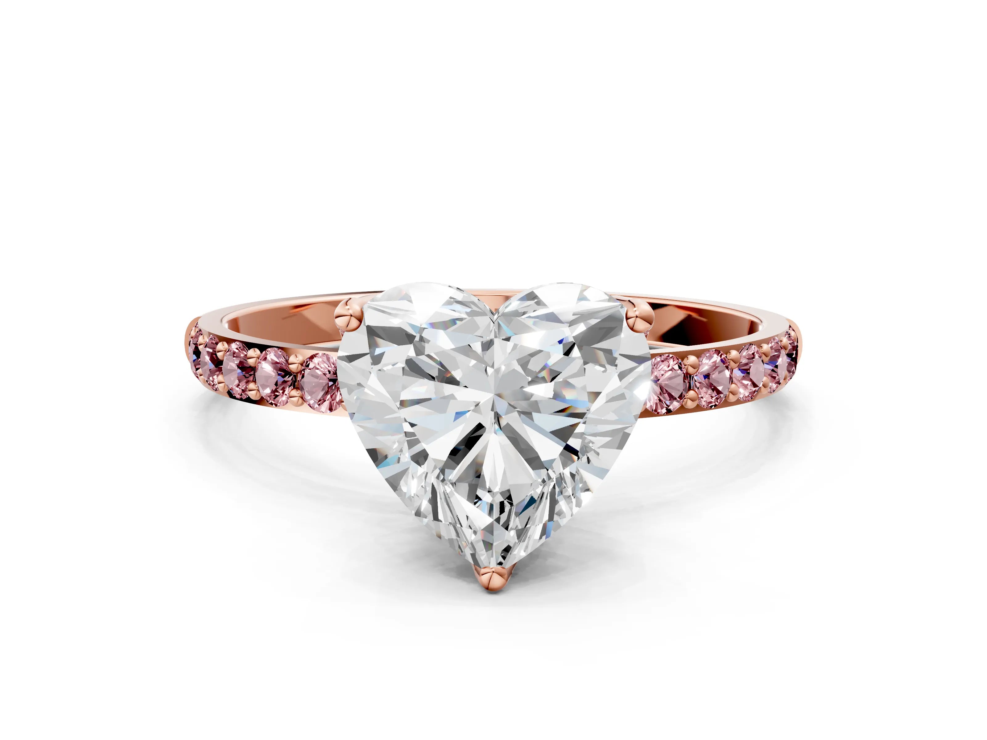 Rose gold Heart Cut Diamond Solitaire Engagement Ring with Round with Morganite side stone Pavé Band and Prong Setting