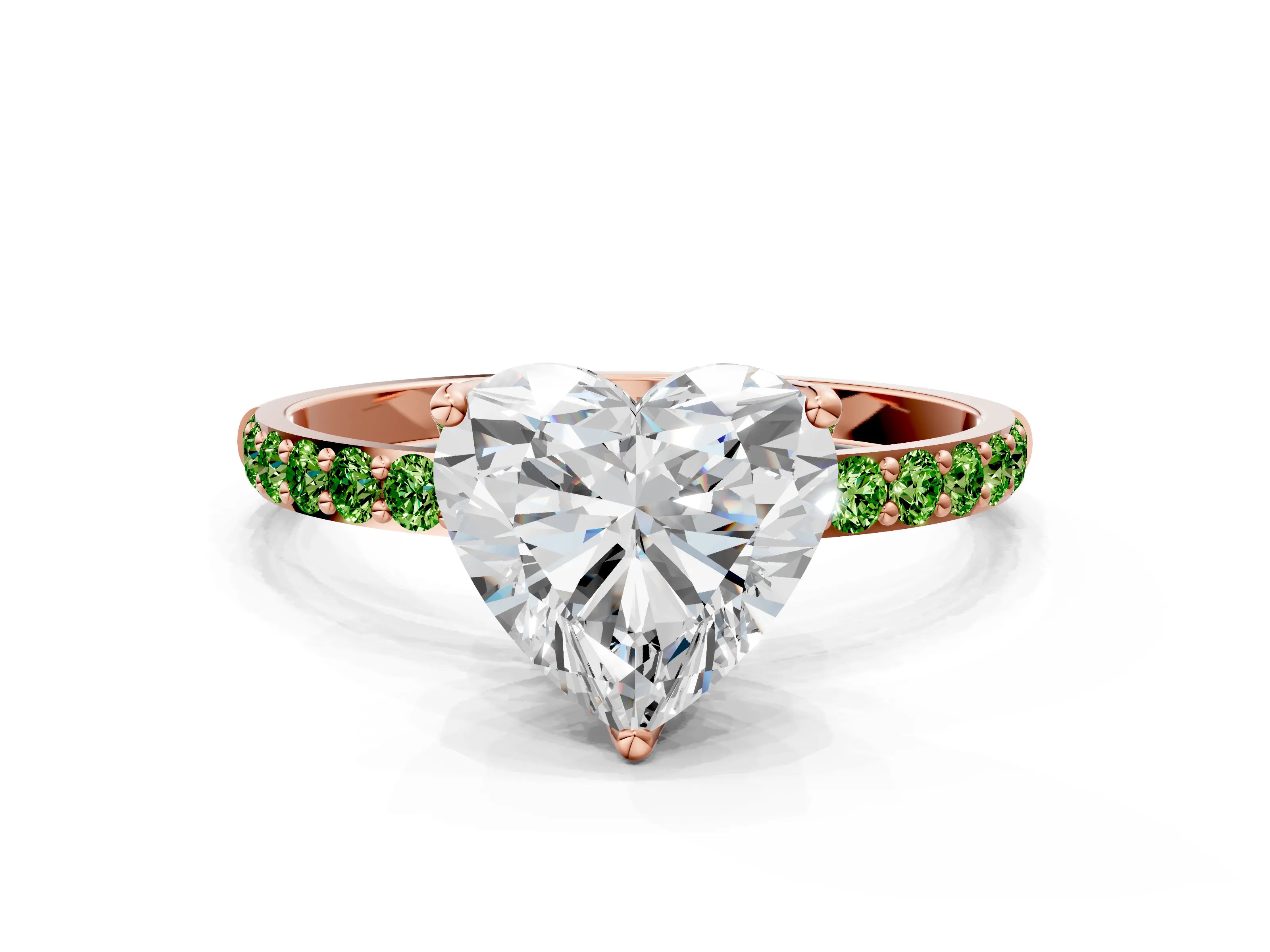 Rose gold Heart Cut Diamond Solitaire Engagement Ring with Round with Peridot side stone Pavé Band and Prong Setting