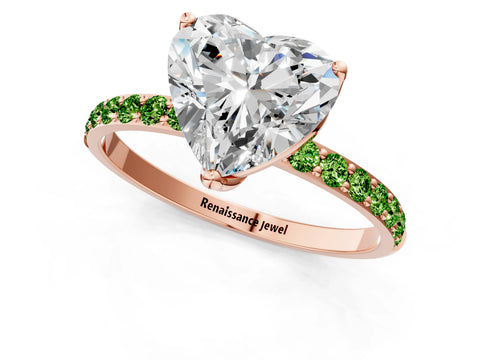Rose gold Heart Cut Diamond Solitaire Engagement Ring with Round with Peridot side stone Pavé Band and Prong Setting_1