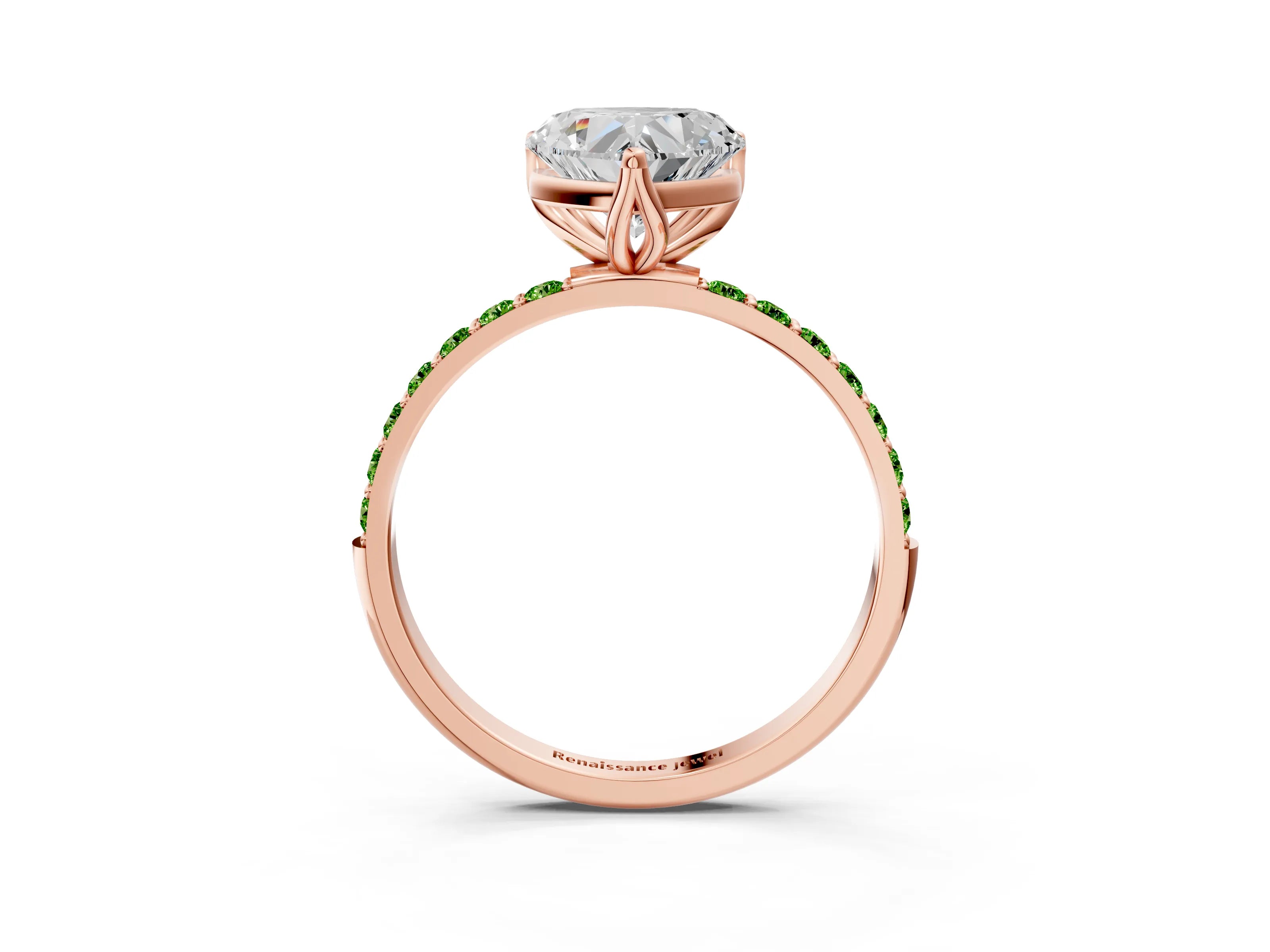 Rose gold Heart Cut Diamond Solitaire Engagement Ring with Round with Peridot side stone Pavé Band and Prong Setting_3