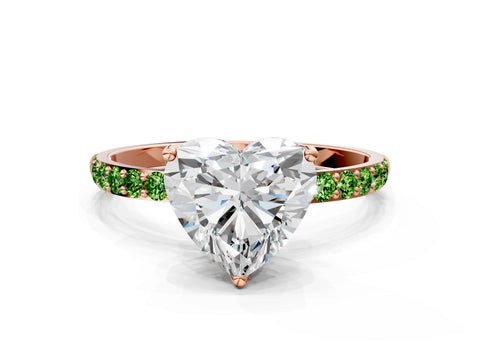 Rose gold Heart Cut Diamond Solitaire Engagement Ring with Round with Peridot side stone Pavé Band and Prong Setting