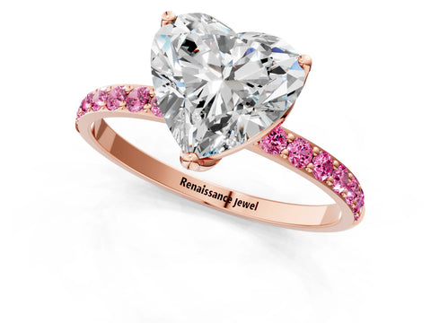 Rose gold Heart Cut Diamond Solitaire Engagement Ring with Round with Pink Sapphire side stone Pavé Band and Prong Setting_1