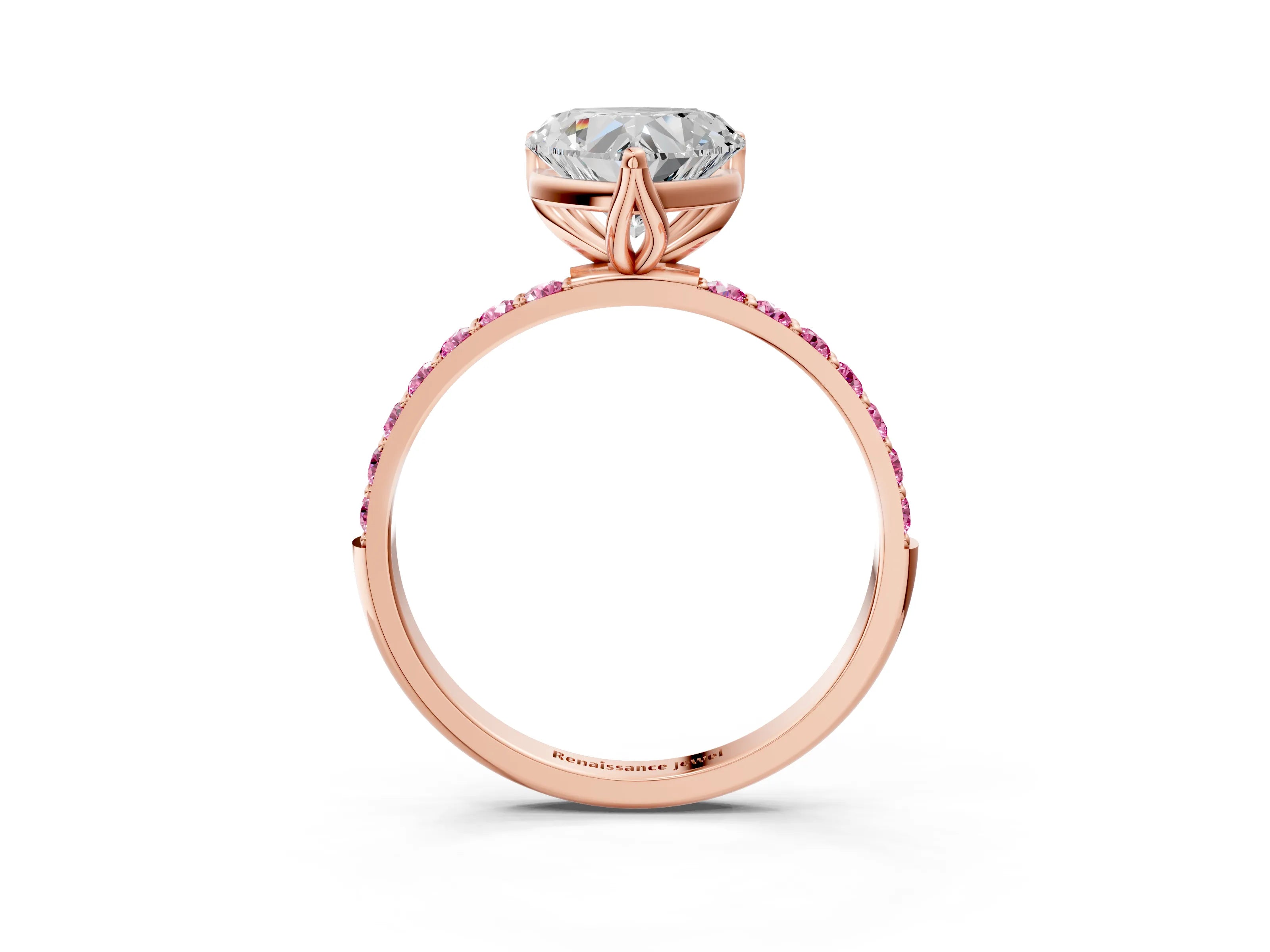 Rose gold Heart Cut Diamond Solitaire Engagement Ring with Round with Pink Sapphire side stone Pavé Band and Prong Setting_3