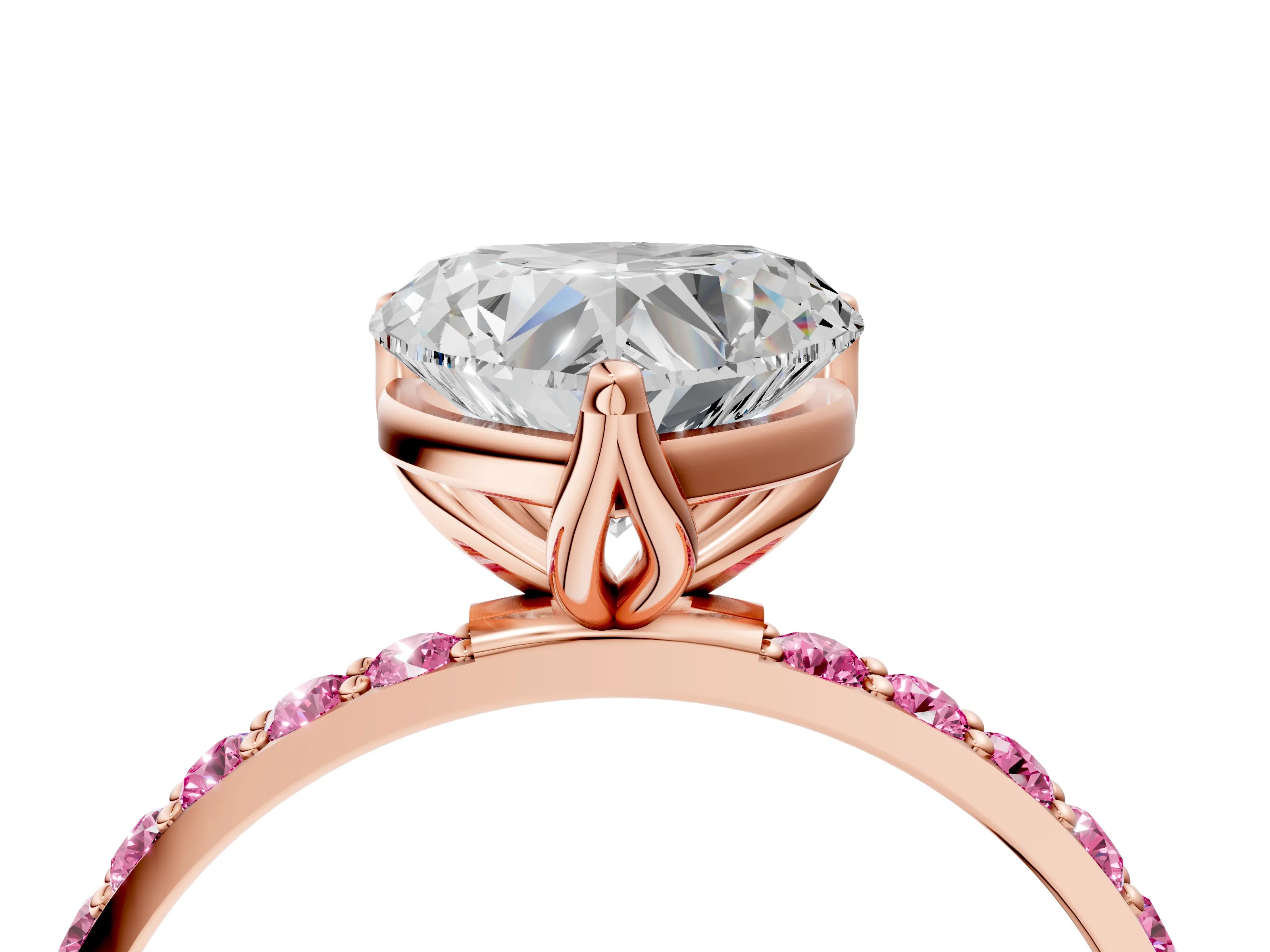 Rose gold Heart Cut Diamond Solitaire Engagement Ring with Round with Pink Sapphire side stone Pavé Band and Prong Setting_4