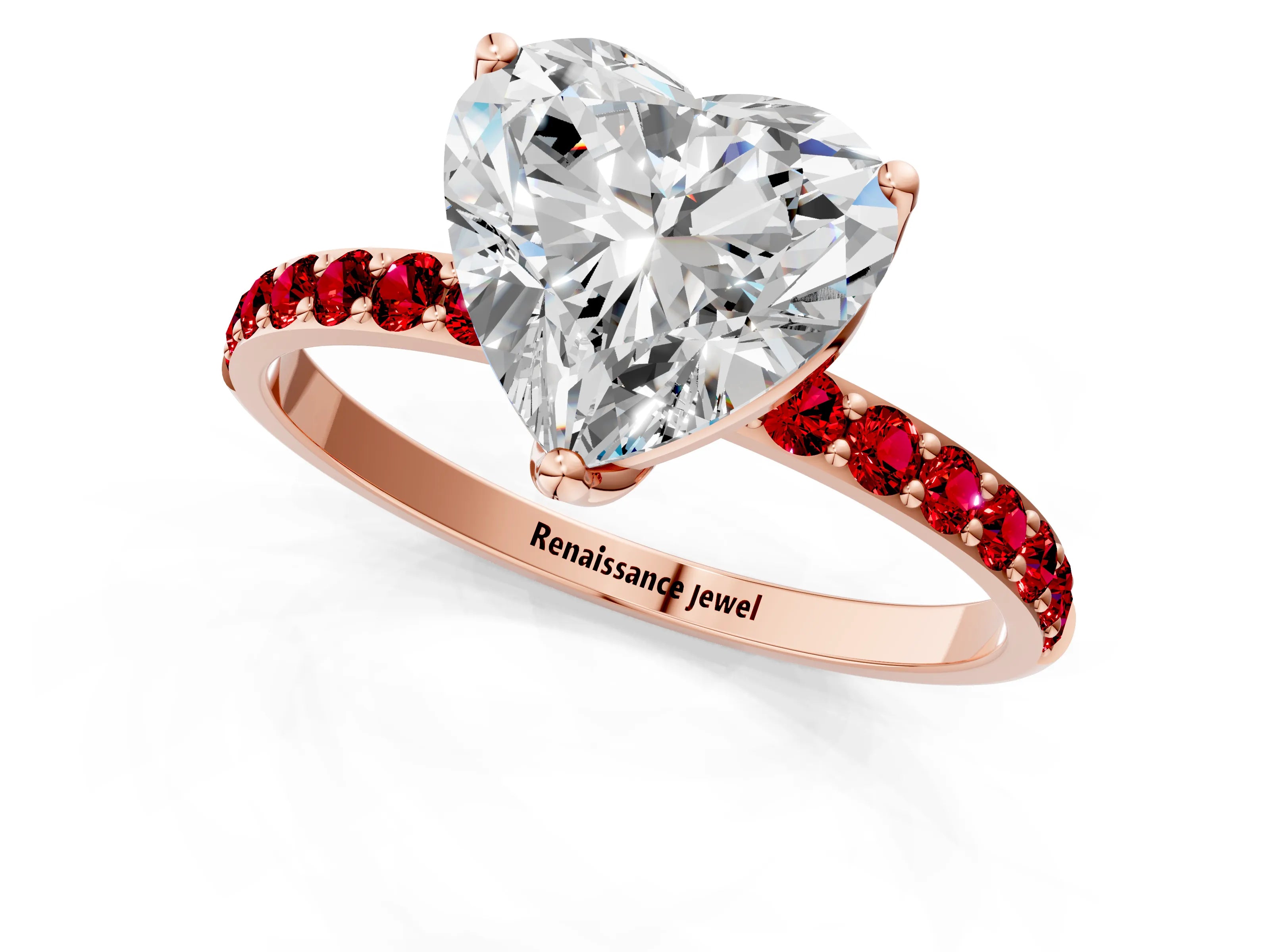 Rose gold Heart Cut Diamond Solitaire Engagement Ring with Round with Ruby side stone Pavé Band and Prong Setting_1