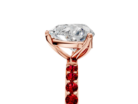 Rose gold Heart Cut Diamond Solitaire Engagement Ring with Round with Ruby side stone Pavé Band and Prong Setting_5