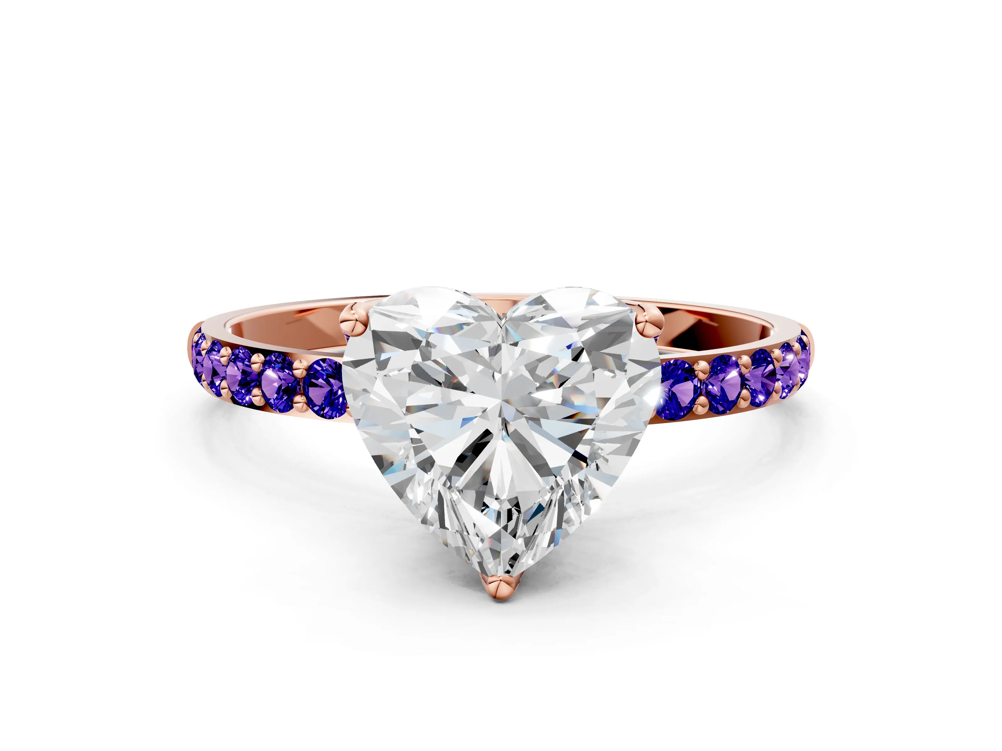 Rose gold Heart Cut Diamond Solitaire Engagement Ring with Round with Tanzanite side stone Pavé Band and Prong Setting