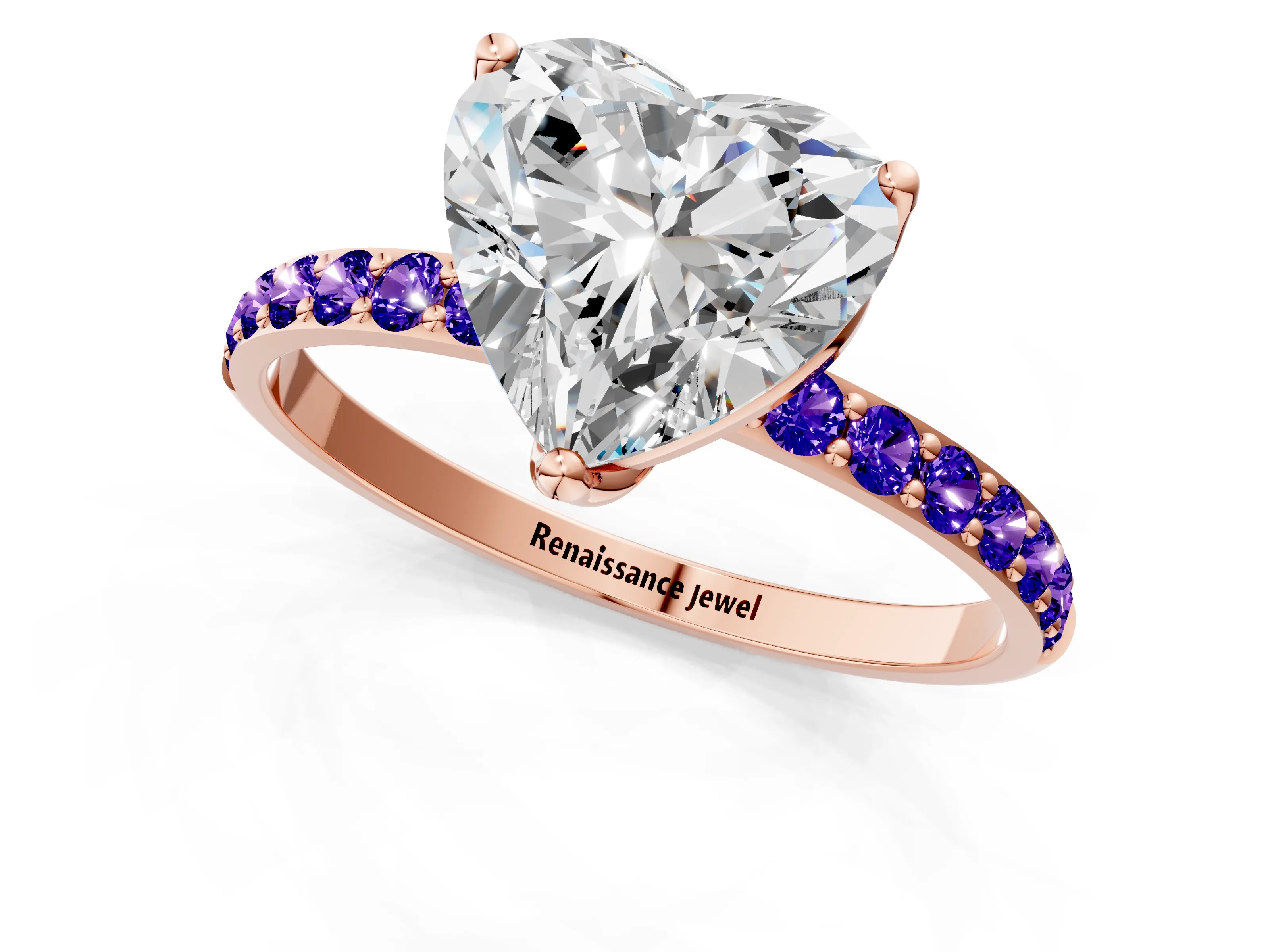 Rose gold Heart Cut Diamond Solitaire Engagement Ring with Round with Tanzanite side stone Pavé Band and Prong Setting_1