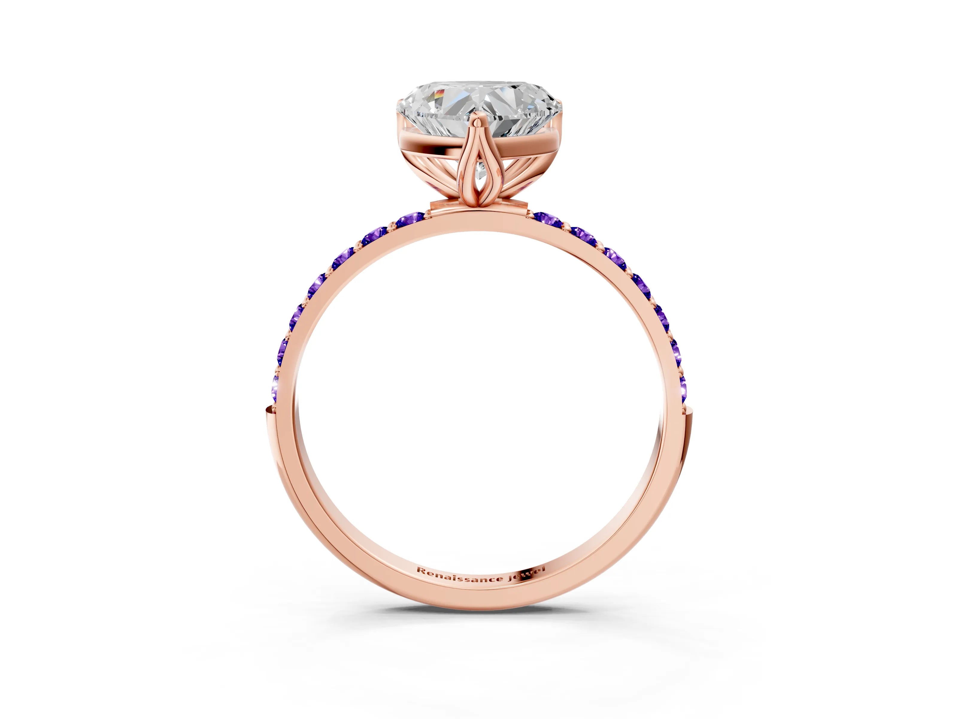 Rose gold Heart Cut Diamond Solitaire Engagement Ring with Round with Tanzanite side stone Pavé Band and Prong Setting_3