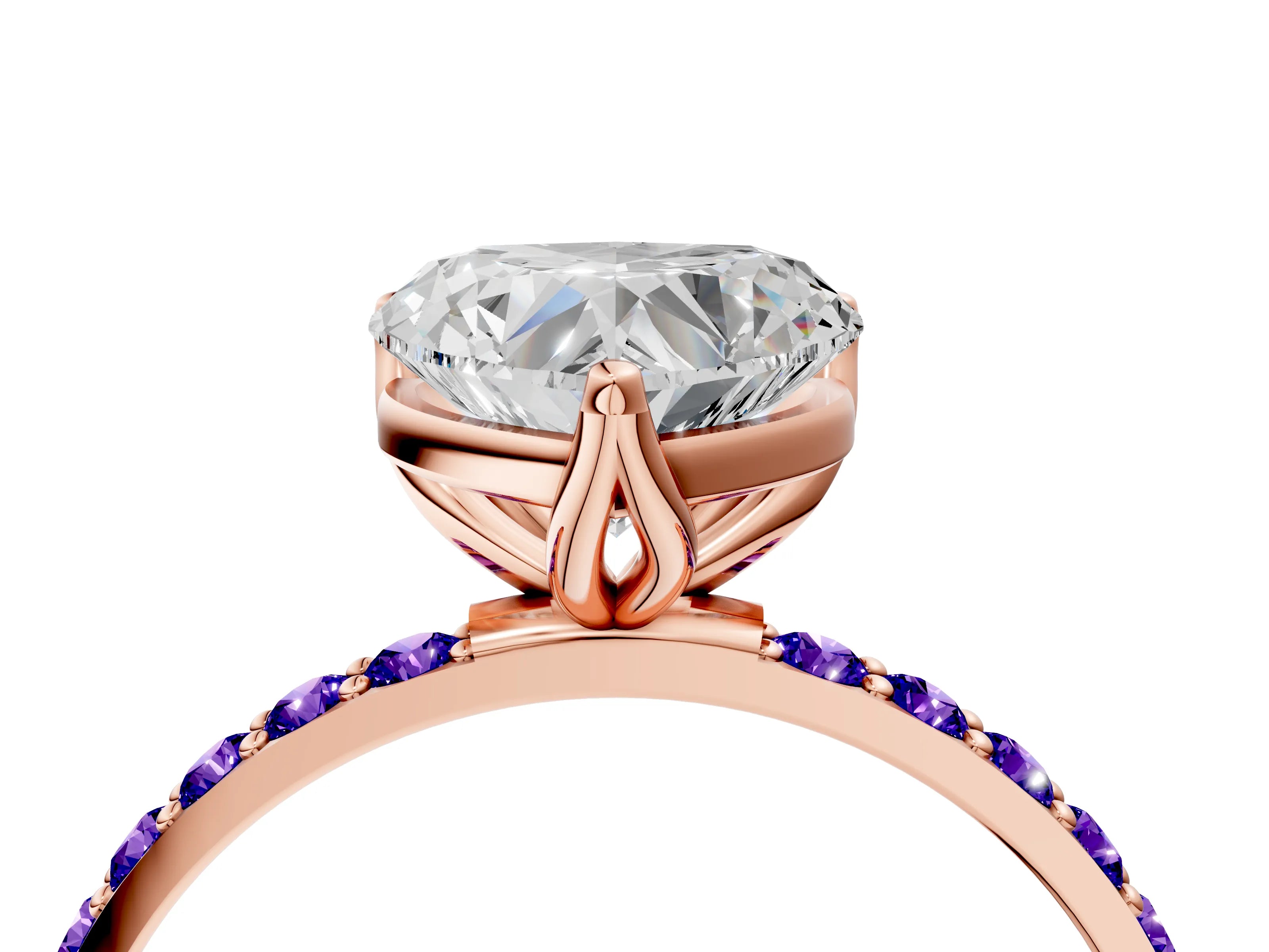 Rose gold Heart Cut Diamond Solitaire Engagement Ring with Round with Tanzanite side stone Pavé Band and Prong Setting_4
