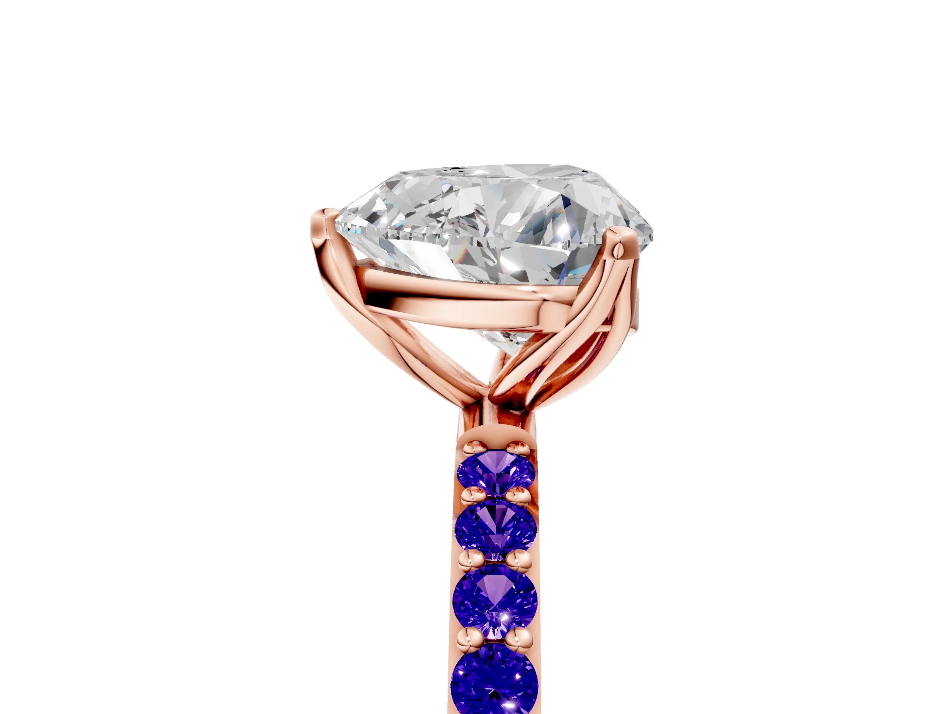 Rose gold Heart Cut Diamond Solitaire Engagement Ring with Round with Tanzanite side stone Pavé Band and Prong Setting_5
