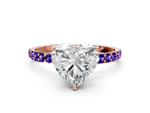 Rose gold Heart Cut Diamond Solitaire Engagement Ring with Round with Tanzanite side stone Pavé Band and Prong Setting