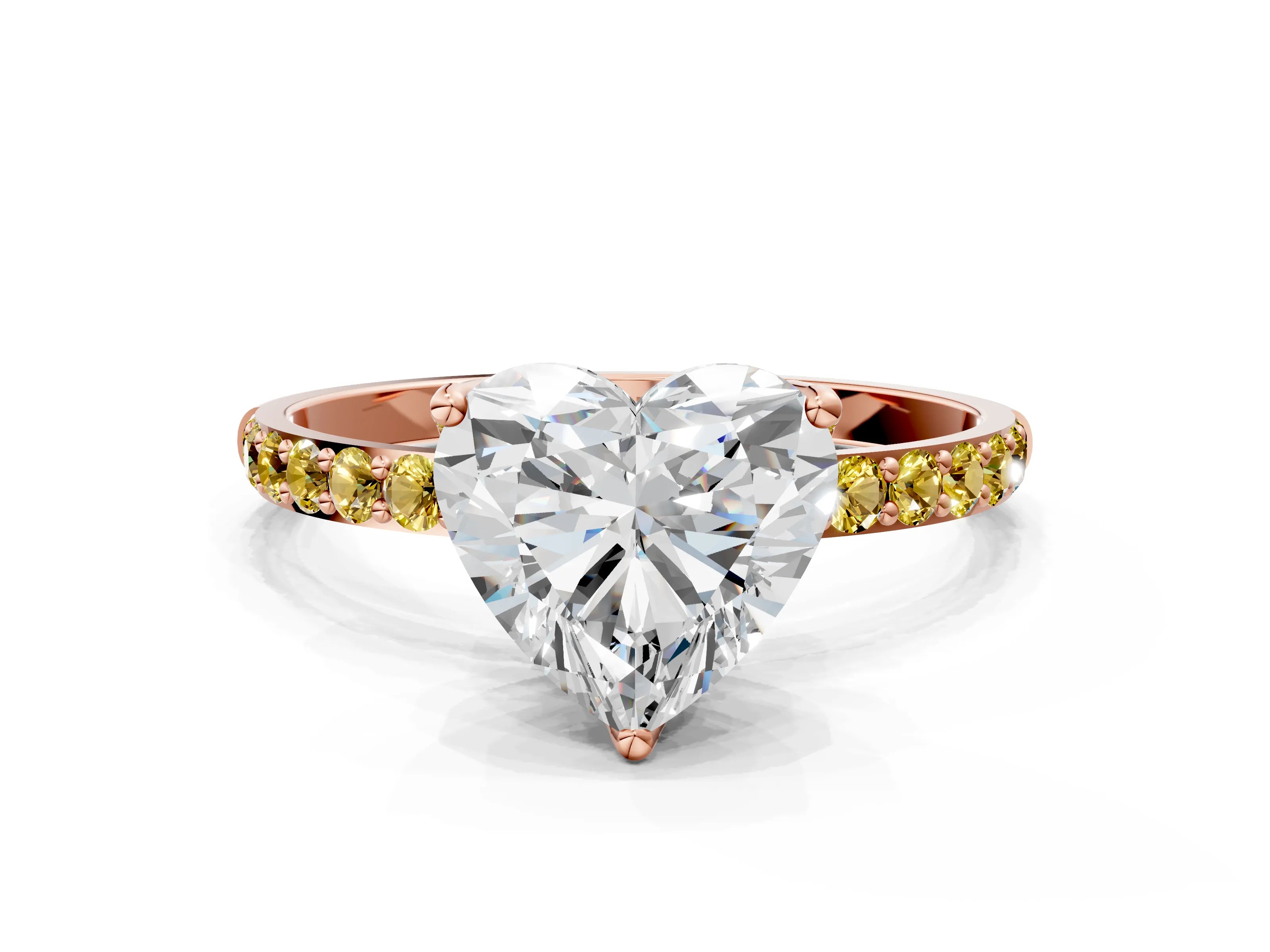 Rose gold Heart Cut Diamond Solitaire Engagement Ring with Round with Yellow Sapphire side stone Pavé Band and Prong Setting