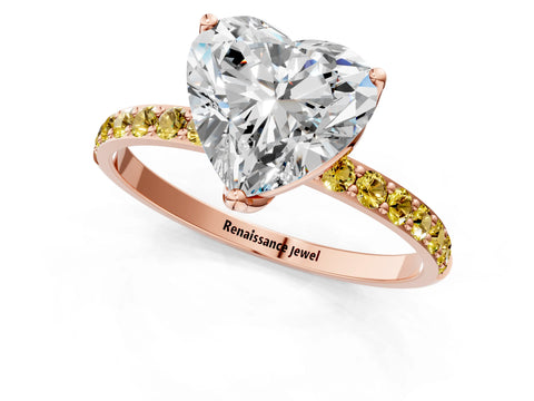 Rose gold Heart Cut Diamond Solitaire Engagement Ring with Round with Yellow Sapphire side stone Pavé Band and Prong Setting_1