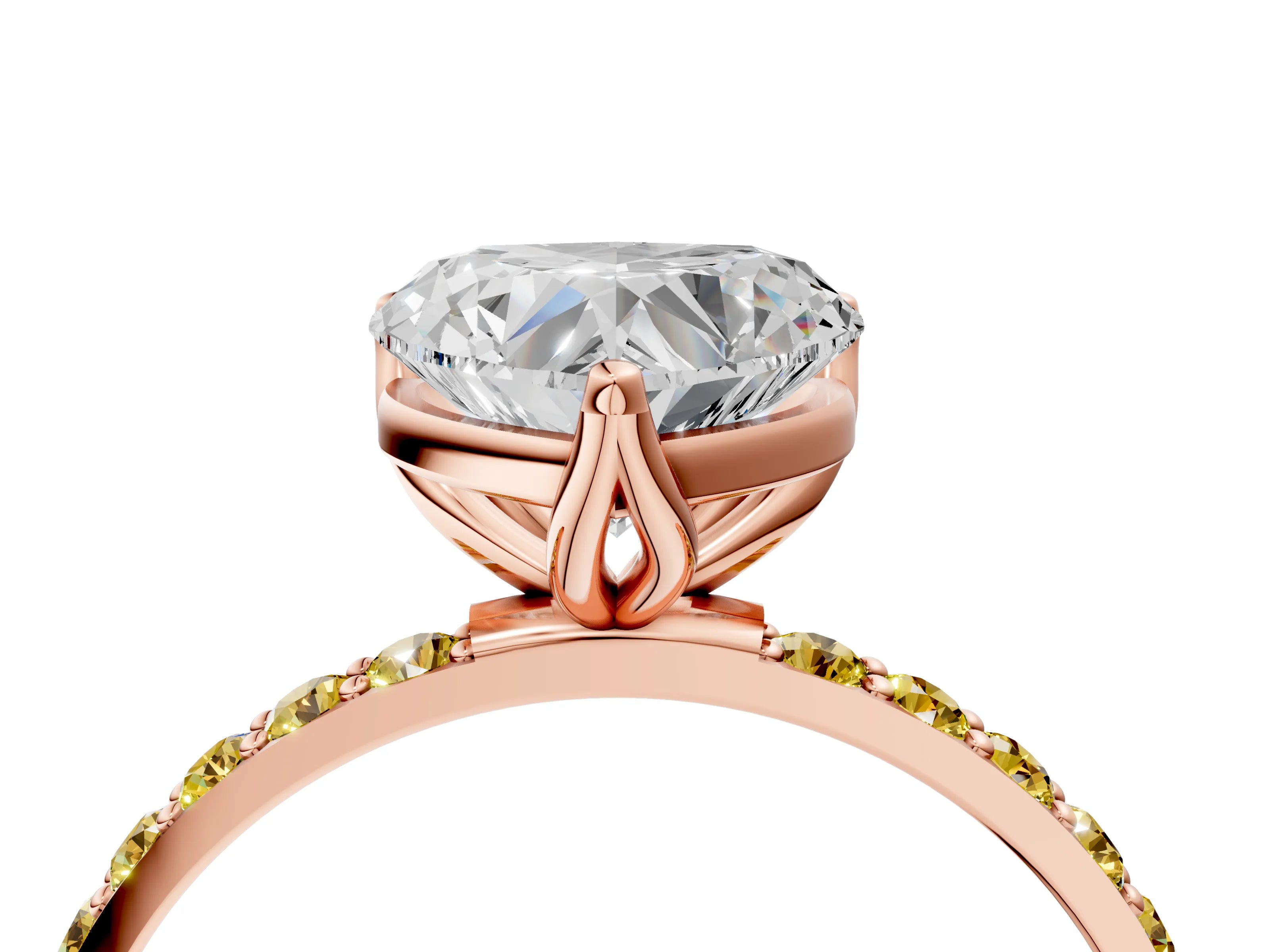 Rose gold Heart Cut Diamond Solitaire Engagement Ring with Round with Yellow Sapphire side stone Pavé Band and Prong Setting_4
