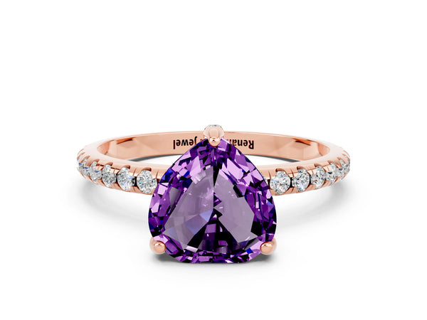 Rose gold Heart Cut Amethyst Hidden Halo Engagement Ring with Round Pavé Band and Prong Setting