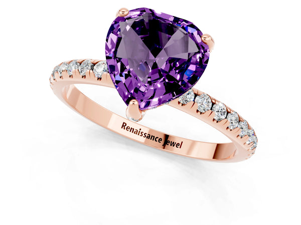 Rose gold Heart Cut Amethyst Hidden Halo Engagement Ring with Round Pavé Band and Prong Setting