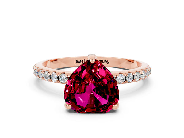 Rose gold Heart Cut Garnet Hidden Halo Engagement Ring with Round Pavé Band and Prong Setting