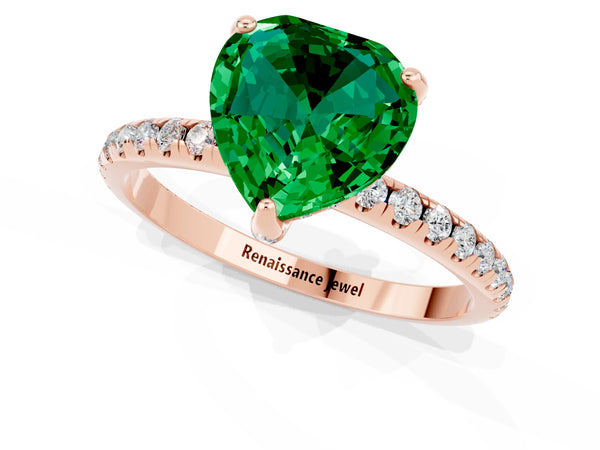 Rose gold Heart Cut Emerald Hidden Halo Engagement Ring with Round Pavé Band and Prong Setting