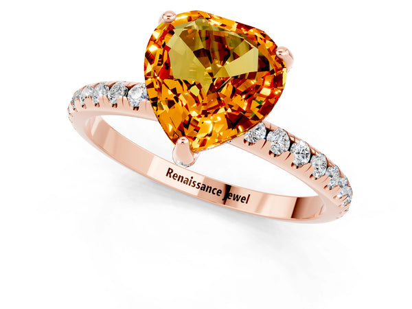 Rose gold Heart Cut Citrine Hidden Halo Engagement Ring with Round Pavé Band and Prong Setting