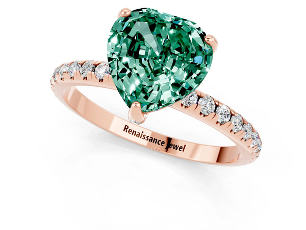 Rose gold Heart Cut Green Sapphire Hidden Halo Engagement Ring with Round Pavé Band and Prong Setting