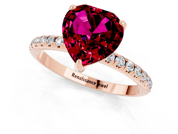 Rose gold Heart Cut Garnet Hidden Halo Engagement Ring with Round Pavé Band and Prong Setting