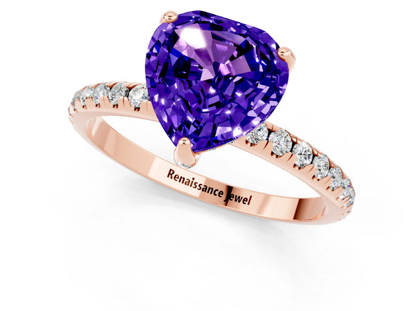 Rose gold Heart Cut Tanzanite Hidden Halo Engagement Ring with Round Pavé Band and Prong Setting