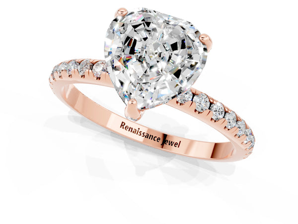 Rose gold Heart Cut Moissanite Hidden Halo Engagement Ring with Round Pavé Band and Prong Setting