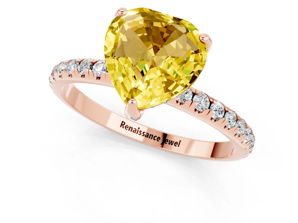 Rose gold Heart Cut Yellow Sapphire Hidden Halo Engagement Ring with Round Pavé Band and Prong Setting