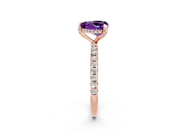 Rose gold Heart Cut Amethyst Hidden Halo Engagement Ring with Round Pavé Band and Prong Setting