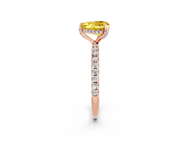 Rose gold Heart Cut Yellow Sapphire Hidden Halo Engagement Ring with Round Pavé Band and Prong Setting