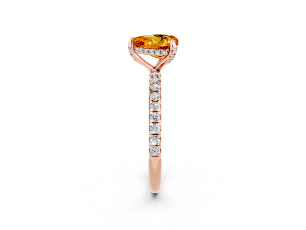 Rose gold Heart Cut Citrine Hidden Halo Engagement Ring with Round Pavé Band and Prong Setting