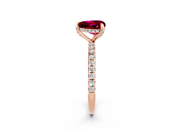 Rose gold Heart Cut Garnet Hidden Halo Engagement Ring with Round Pavé Band and Prong Setting