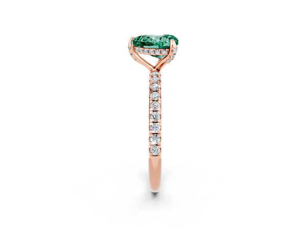 Rose gold Heart Cut Green Sapphire Hidden Halo Engagement Ring with Round Pavé Band and Prong Setting