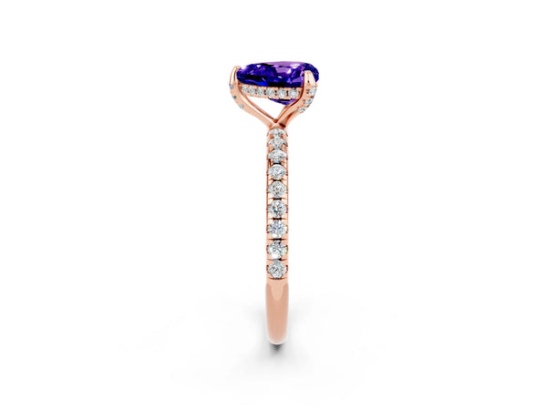 Rose gold Heart Cut Tanzanite Hidden Halo Engagement Ring with Round Pavé Band and Prong Setting