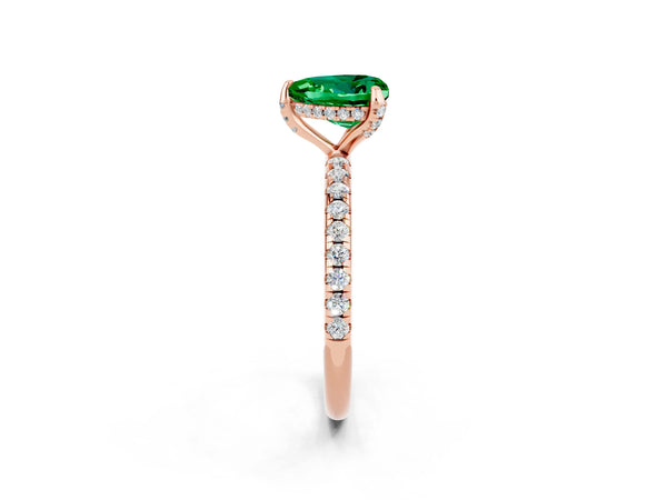 Rose gold Heart Cut Emerald Hidden Halo Engagement Ring with Round Pavé Band and Prong Setting