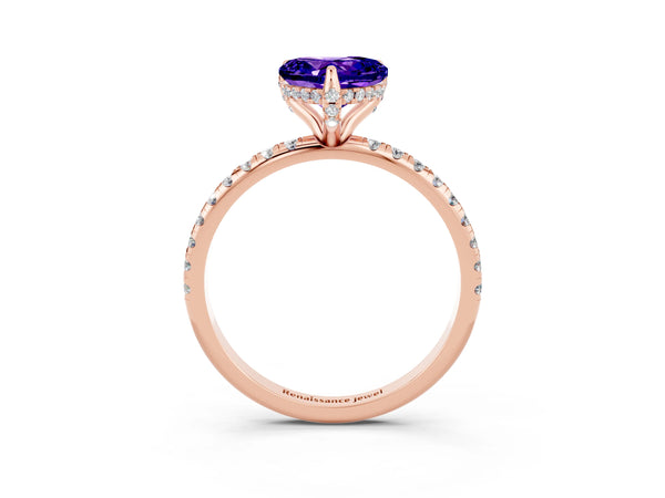 Rose gold Heart Cut Tanzanite Hidden Halo Engagement Ring with Round Pavé Band and Prong Setting