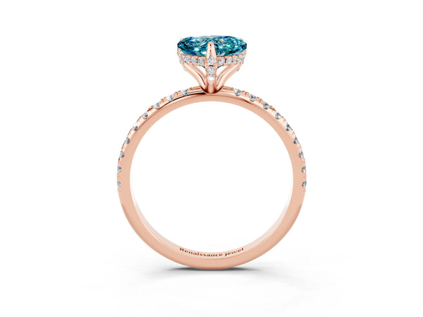 Rose gold Heart Cut Diamond Solitaire Ring with Four-Prong Setting and Pavé Band