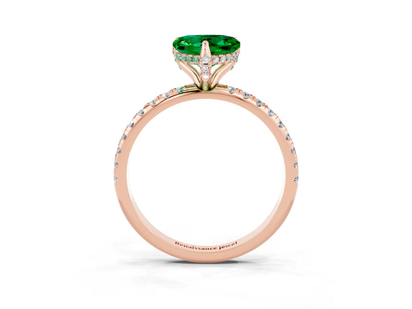 Rose gold Heart Cut Emerald Hidden Halo Engagement Ring with Round Pavé Band and Prong Setting