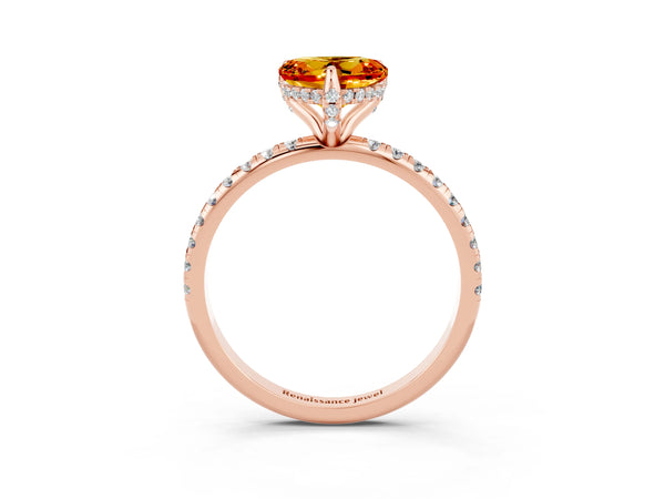 Rose gold Heart Cut Citrine Hidden Halo Engagement Ring with Round Pavé Band and Prong Setting