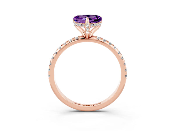 Rose gold Heart Cut Amethyst Hidden Halo Engagement Ring with Round Pavé Band and Prong Setting